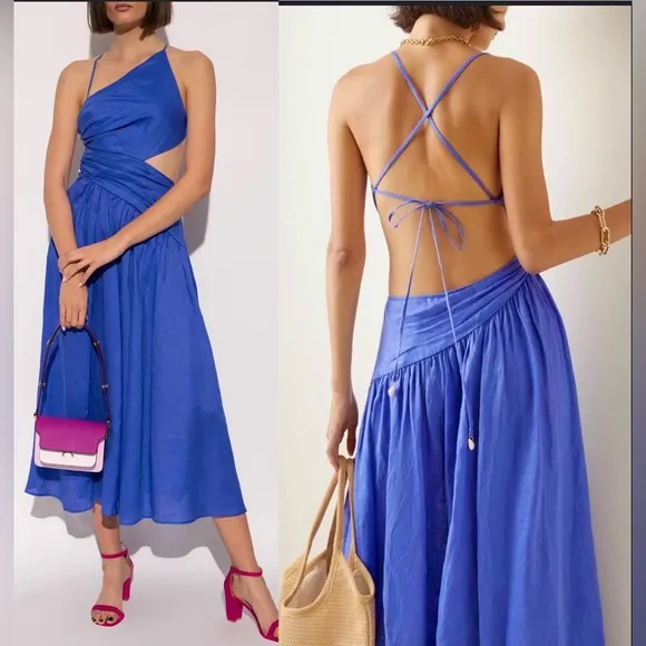 NWT Zimmermann Tropicana Asymmetric Open Back Linen Midi Dress Size XL /4 Blue - Image 2