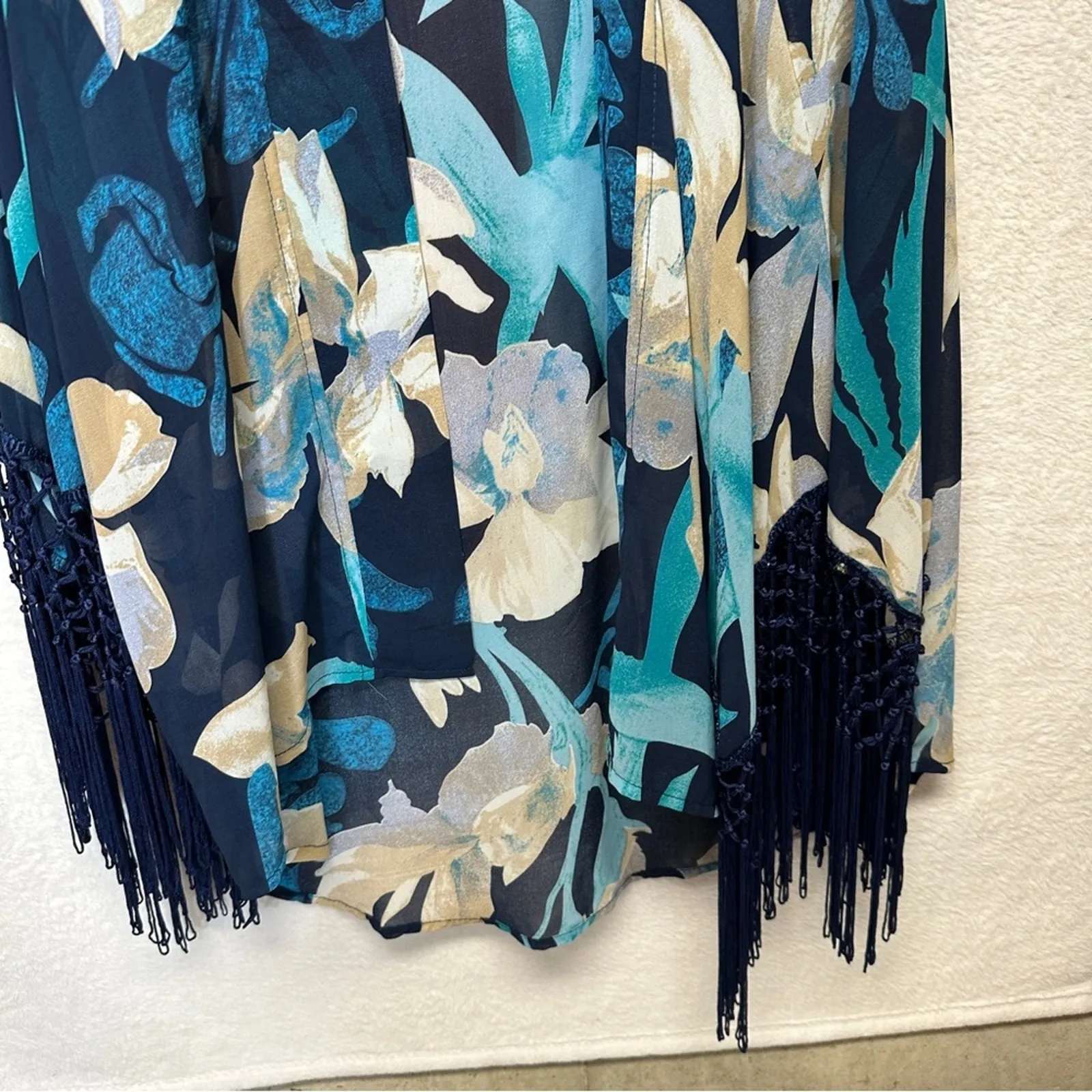 Zara Navy Blue &‎ Blue Floral Print Fringe Cardigan Kimono Size L - Image 3