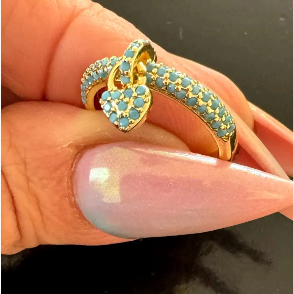 Gold Tone Turquoise Paved Heart Charm Adjustable Ring Women's Stainless Steel - Image 7