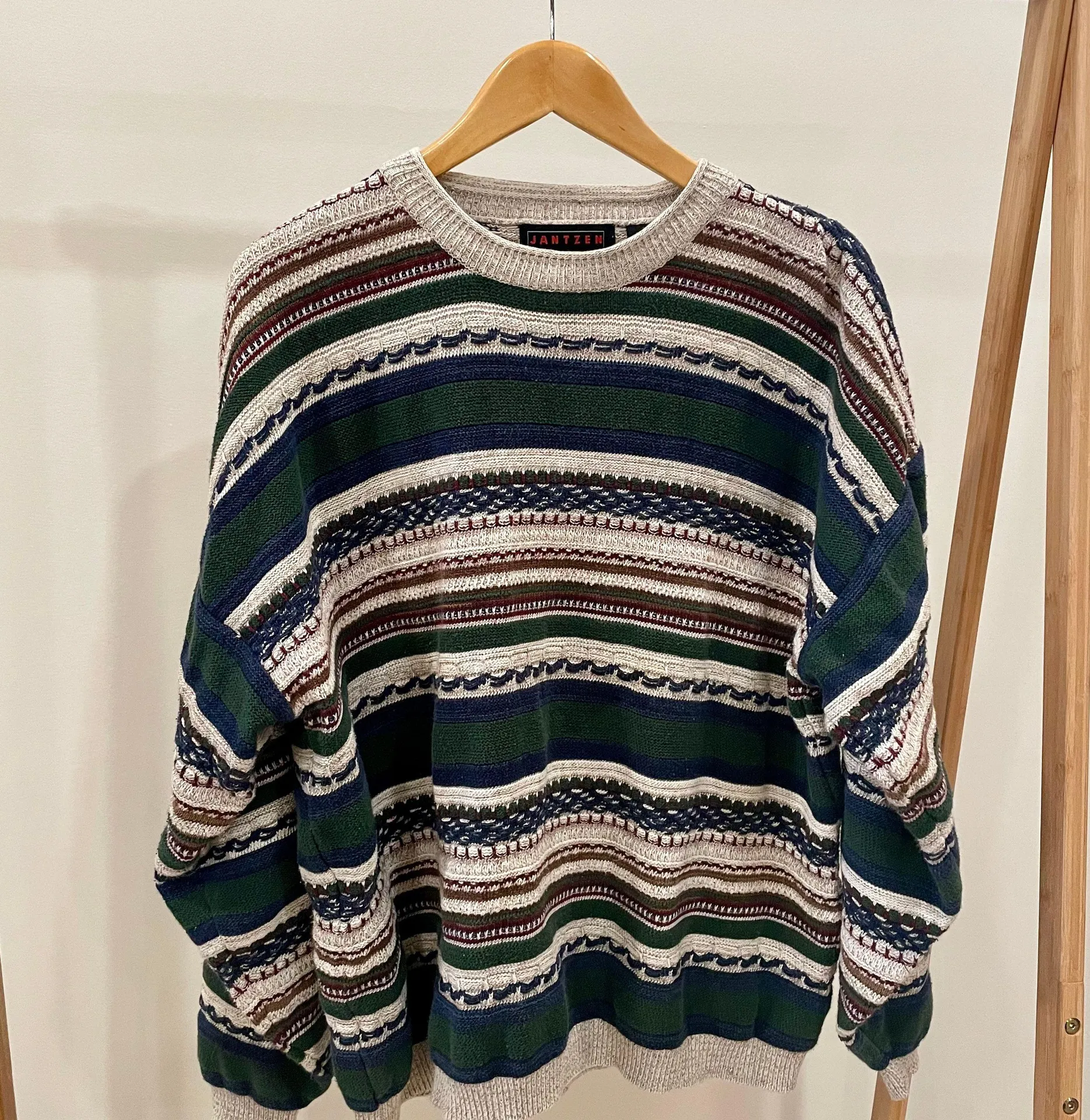 Vintage Coogi Style Textured Striped Abstract Crewneck Sweater in Forest Green/Beige Green Size XL - Image 2