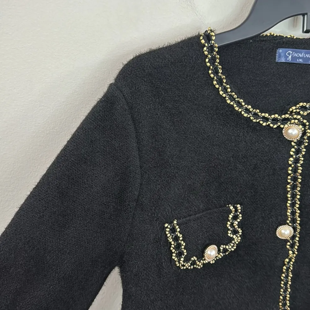 Snowflake black ladylike Knit Jacket gold thread trim Size L / XL - Image 4