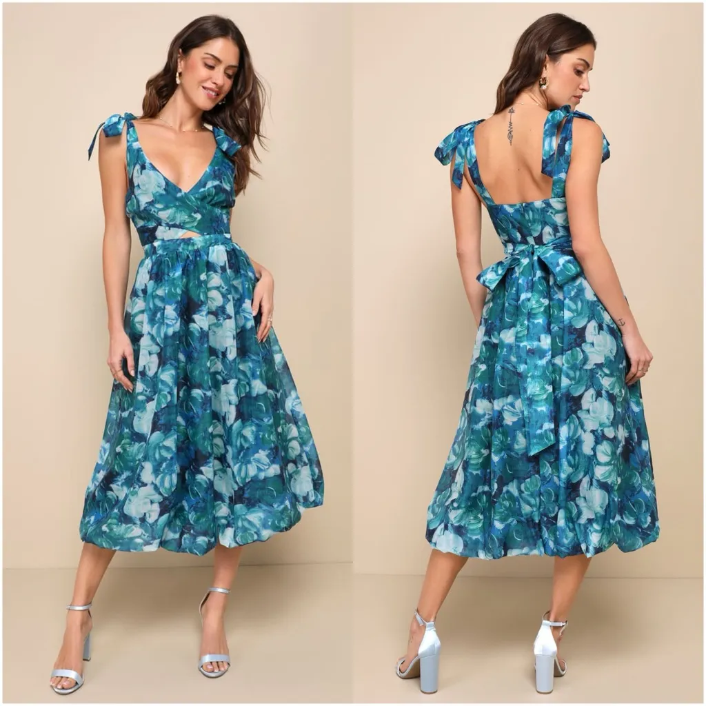 LULU’S Flowering Day Dream Teal Blue Floral Organza Midi Bubble Dress - Image 2