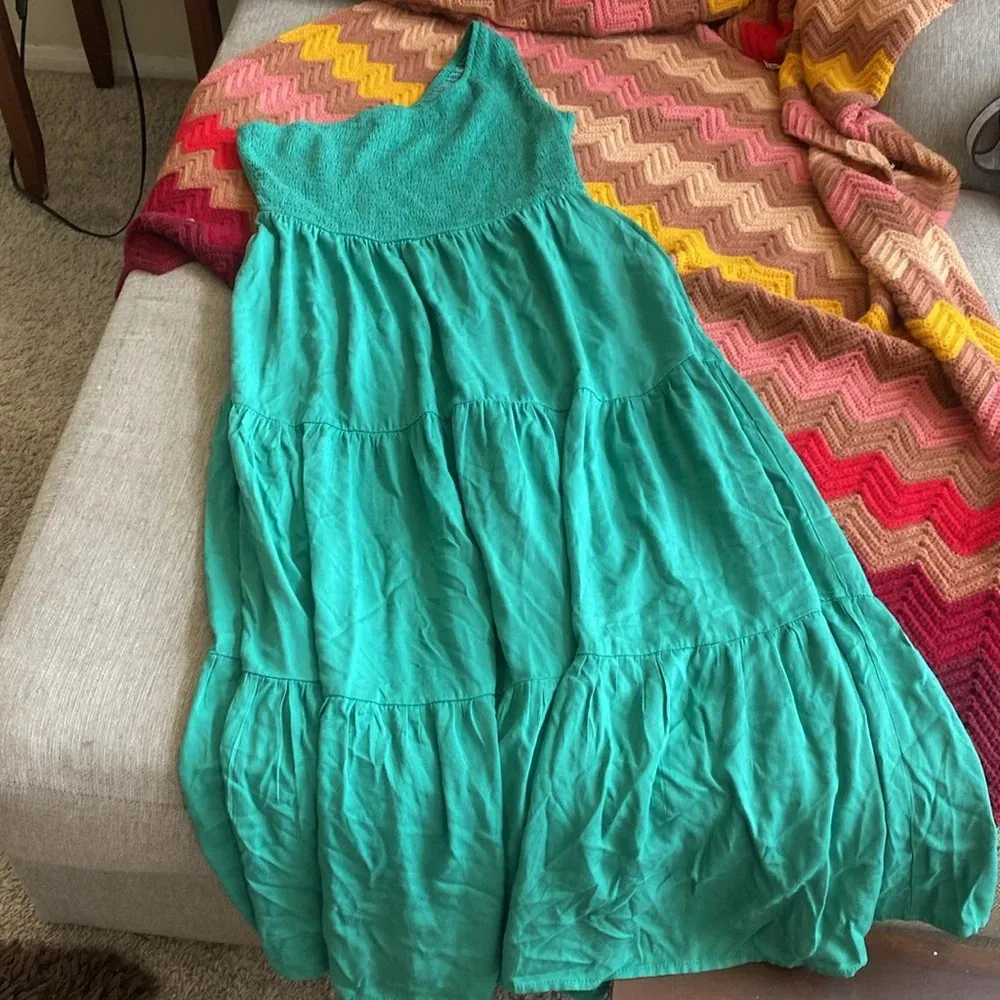 Anrabess one shoulder green midi dress size large ruffle pleated smocked dress - Image 9