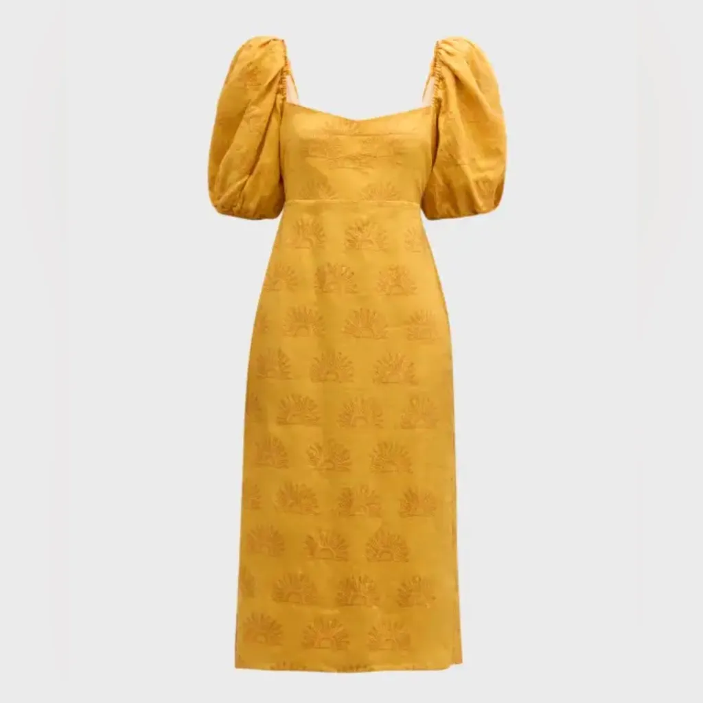 CALA DE LA CRUZ Uti Midi Dress 100% Linen Puff Sleeves pocket size S Yellow - Image 6