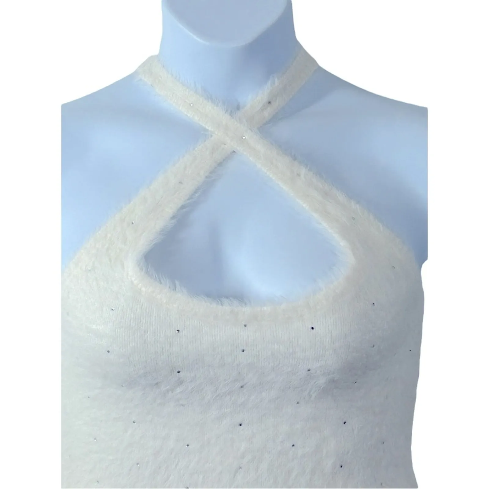 Victoria’s Secret White Fuzzy Jeweled Crop Tank Crisscross Straps Size M - Image 3