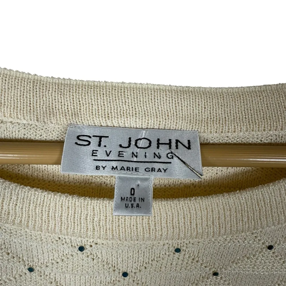 VINTAGE St. John Evening Embellished Rhinestone Sweater in Ivory/Silver Size 0 - Image 4