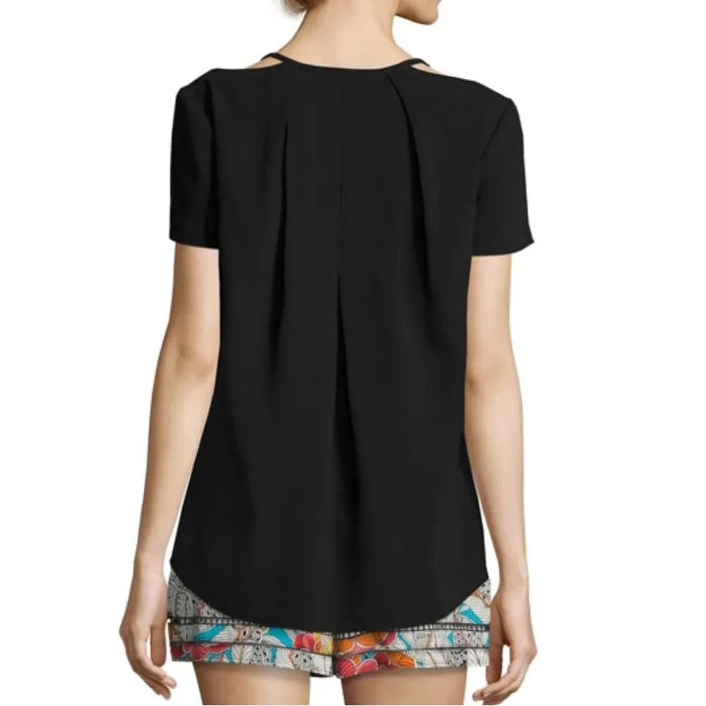 Trina Turk Floramaria Cut-out Shoulder Black Short Sleeve Boxy Blouse - Image 2