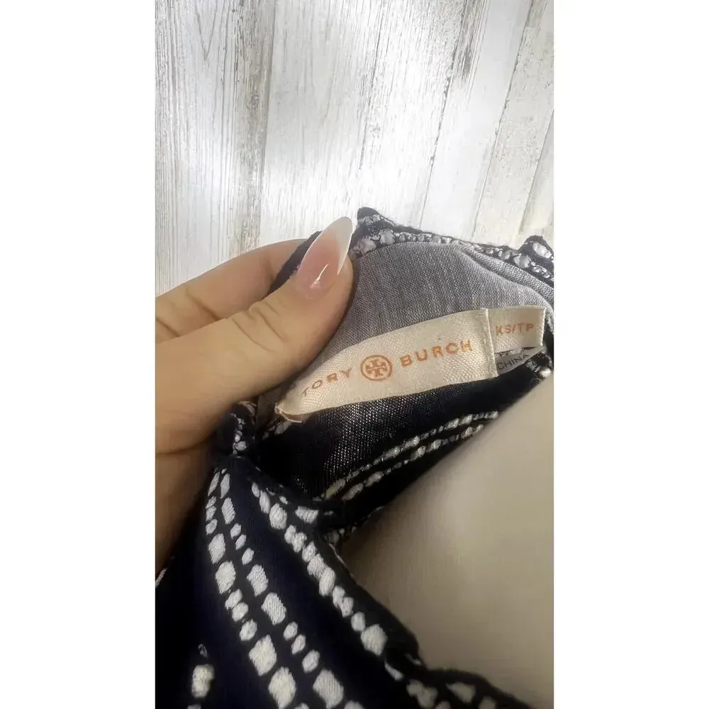 Tory Burch Women's XS Polo Top Navy Black Striped Ruffle Detail‎ Short Sleeve - Image 3