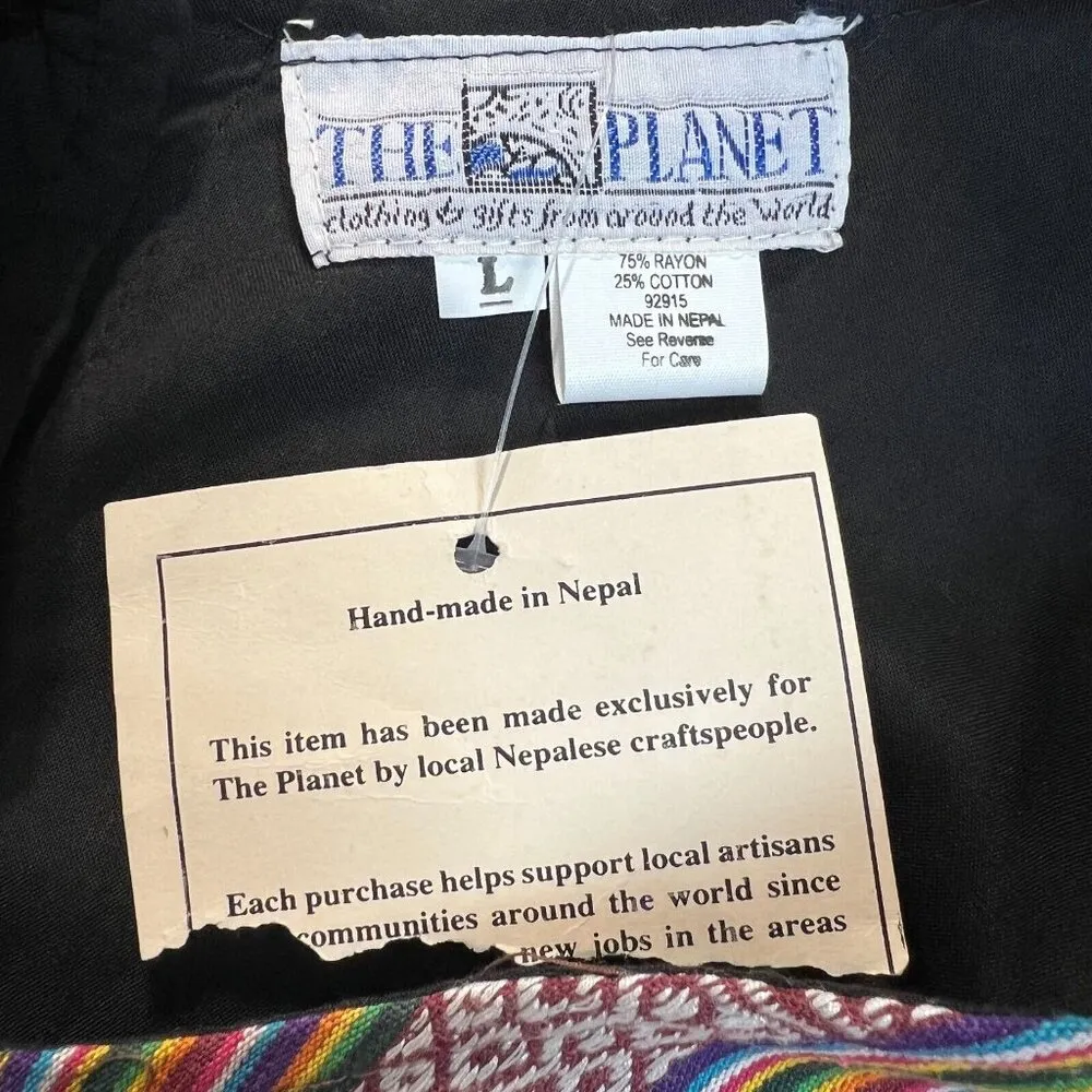 The Planet Maxi Dress Large Black Multicolor Nepal Gauze Peasant Hippie Boho New - Image 12