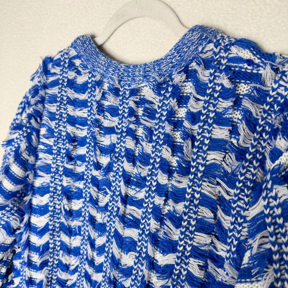 Open Front Striped Fringe Cardigan Sweater Small Medium Blue White - Image 9