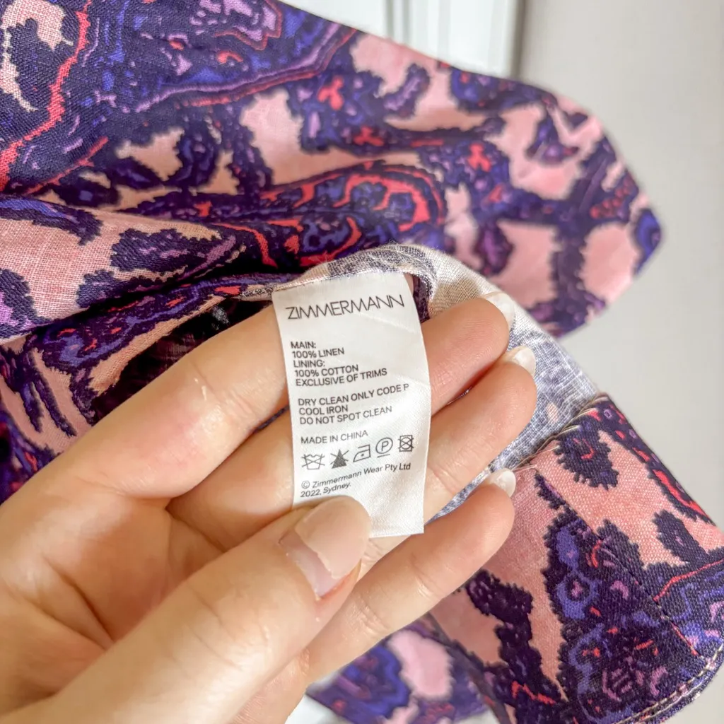 Zimmermann Tiggy Bow Cold Shoulder Paisley Mini Dress Linen - Image 7