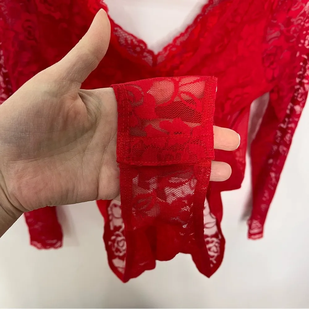 H&M Red Lace Long Sleeve V-neck Bodysuit M Sexy Vegas party top snap closure - Image 12