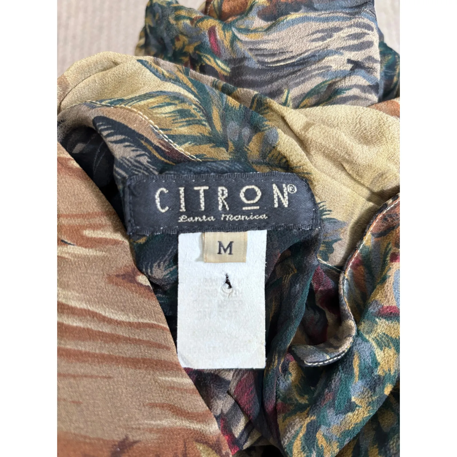 Vintage 90s Citron Santa Monica Top Silk Tropical Scenic Semi Sheer Shirt Medium Tan - Image 7