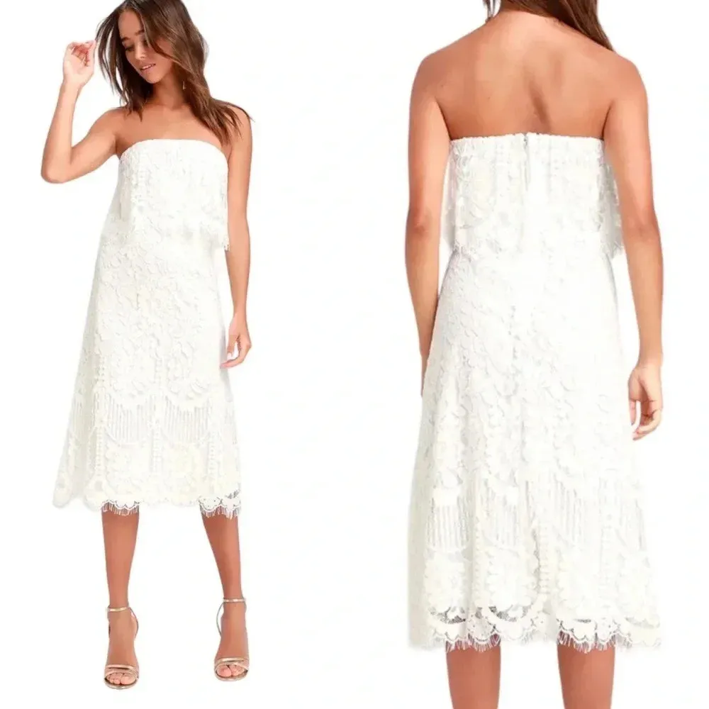NWT Lulus Delia White Lace Strapless Midi Dress Bridal Party Size S - Image 2