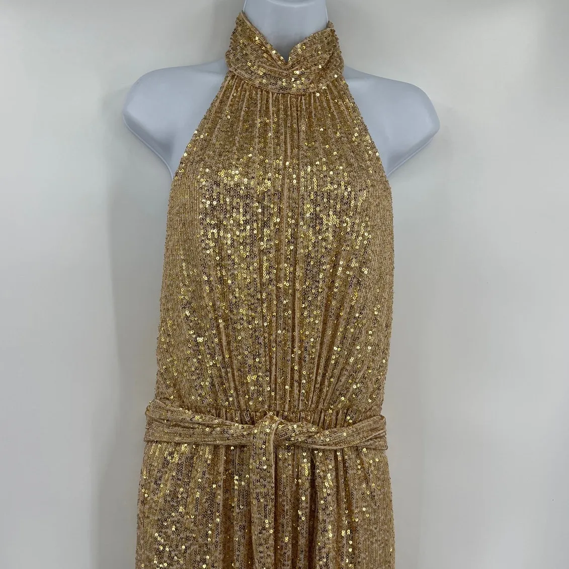 Ieena for MacDuggal Sequin Halter Dress Sz 8 Gown Gold Sequin Prom Gala Formal - Image 2