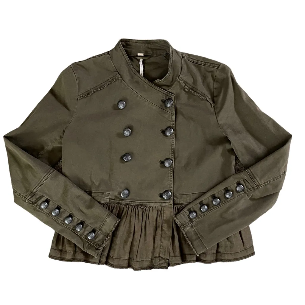 Free People Peplum Military Olive Green Ruffled Hem Double Breasted Jacket XS - Image 12