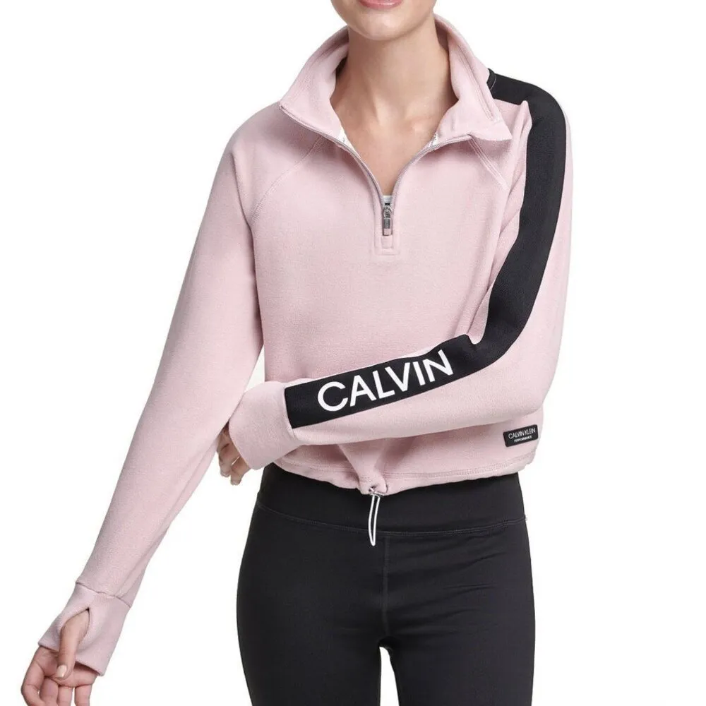 CALVIN KLEIN PERFORMANCE Half Zip Logo Top Purple Fleece 1/2 Zip Crop Sweatshirt - Image 3
