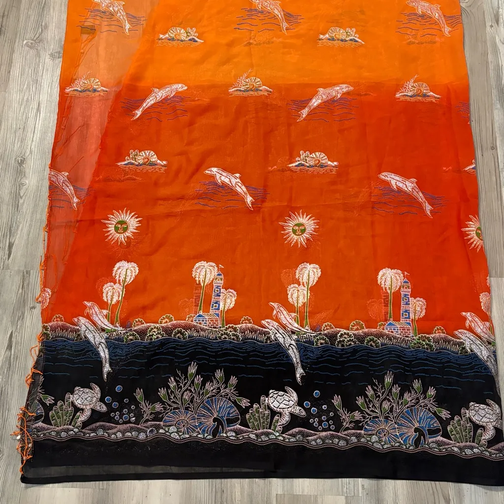 Bamboo Moon Tropical Sheer Scarf Wrap Dolphin & Turtle Print Orange Size undefined - Image 7