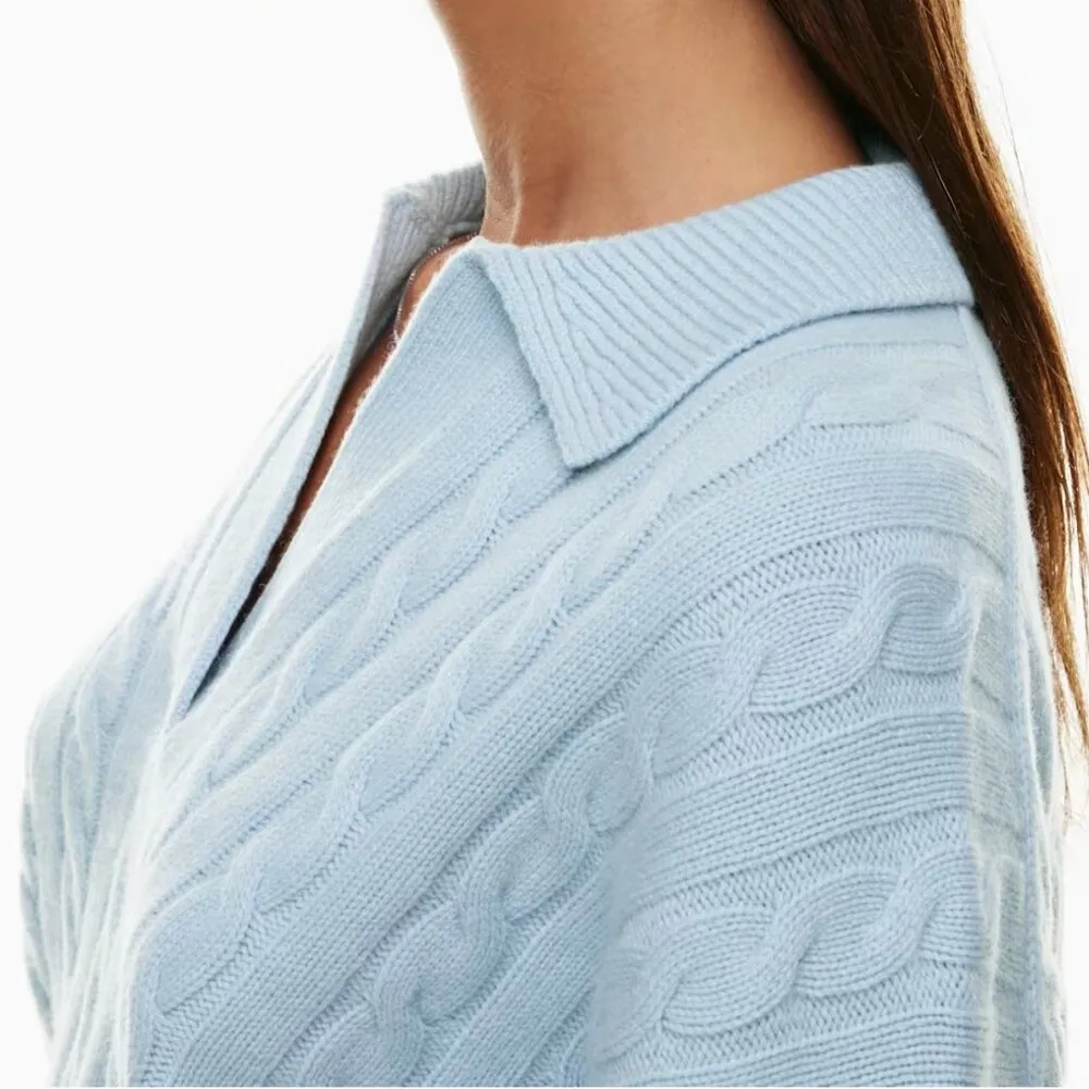 Aritzia Sunday Best Blue Diamond Lottie V-Neck Cable Knit Polo Sweater Sz M NWT - Image 6