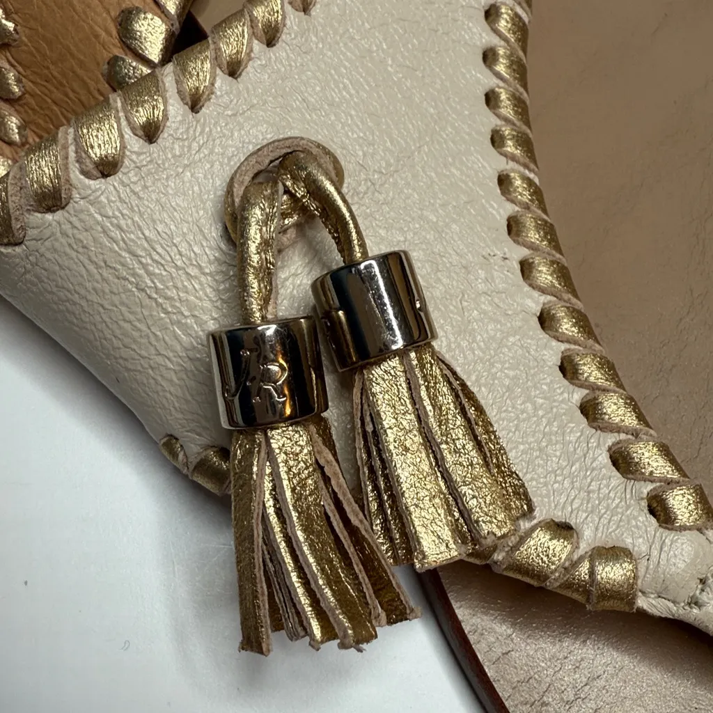 Jack Rogers Alana Tassel Thong Slip On Leather Sandal Bone & Gold S-435 Sz 8 - Image 2