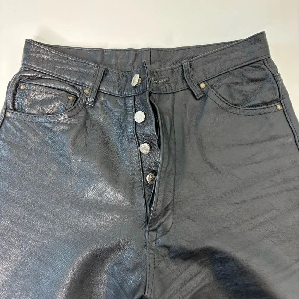 Vintage Leather High Waist Button Fly Black Straight Leg Leather Pants 28 - Image 6