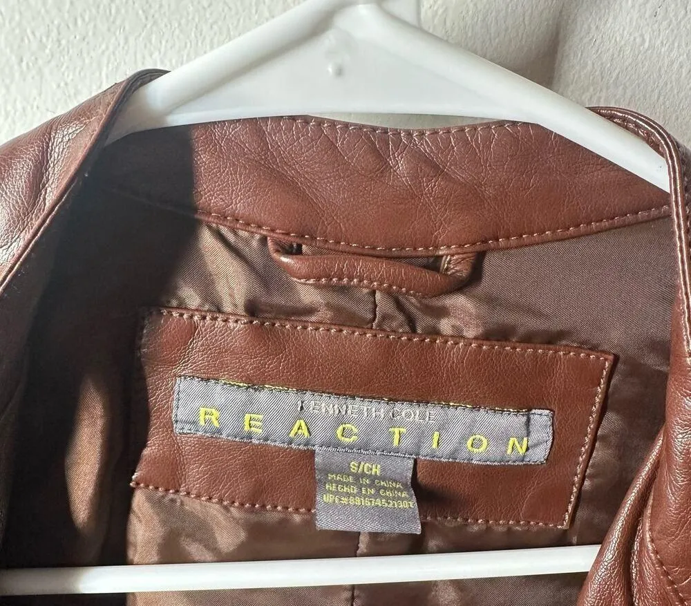 Kenneth Cole Reaction Brown Faux Leather Moto Jacket Size Small - Image 3