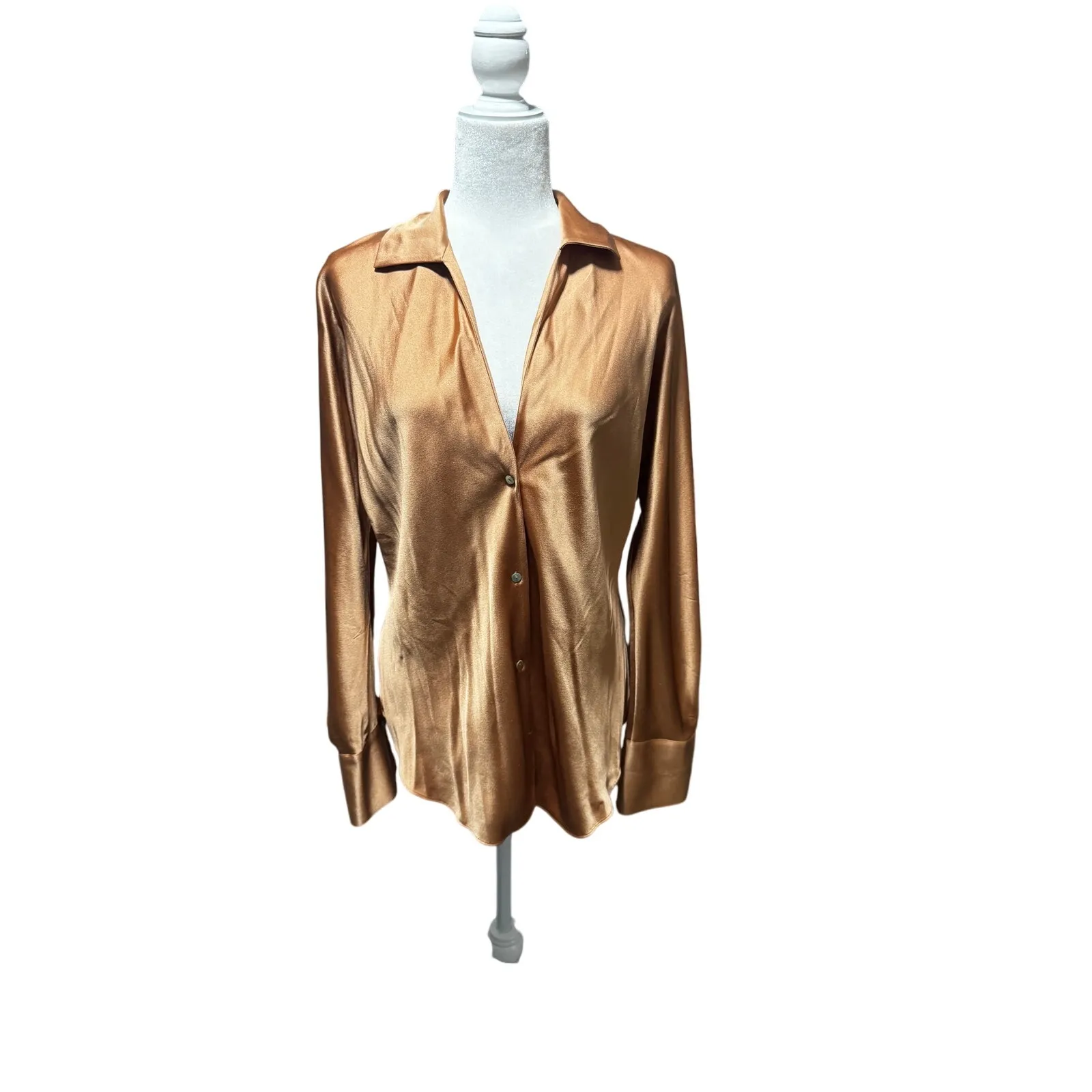 Vince 100% Silk Button-Front Bias Long Sleeve Shirt in "Nectarine"/Bronze Size L - Image 2