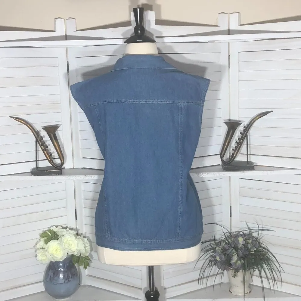 Vintage 90s Y2K jeans vest embroidered blue denim cotton floral cottagecore 2X - Image 2