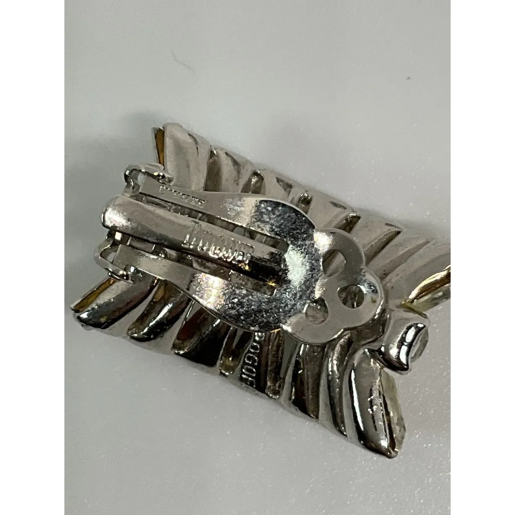 Vintage Clear Rhinestone Earrings Clip On Baguette‎ Valentines Wedding Bling 1" Silver - Image 6