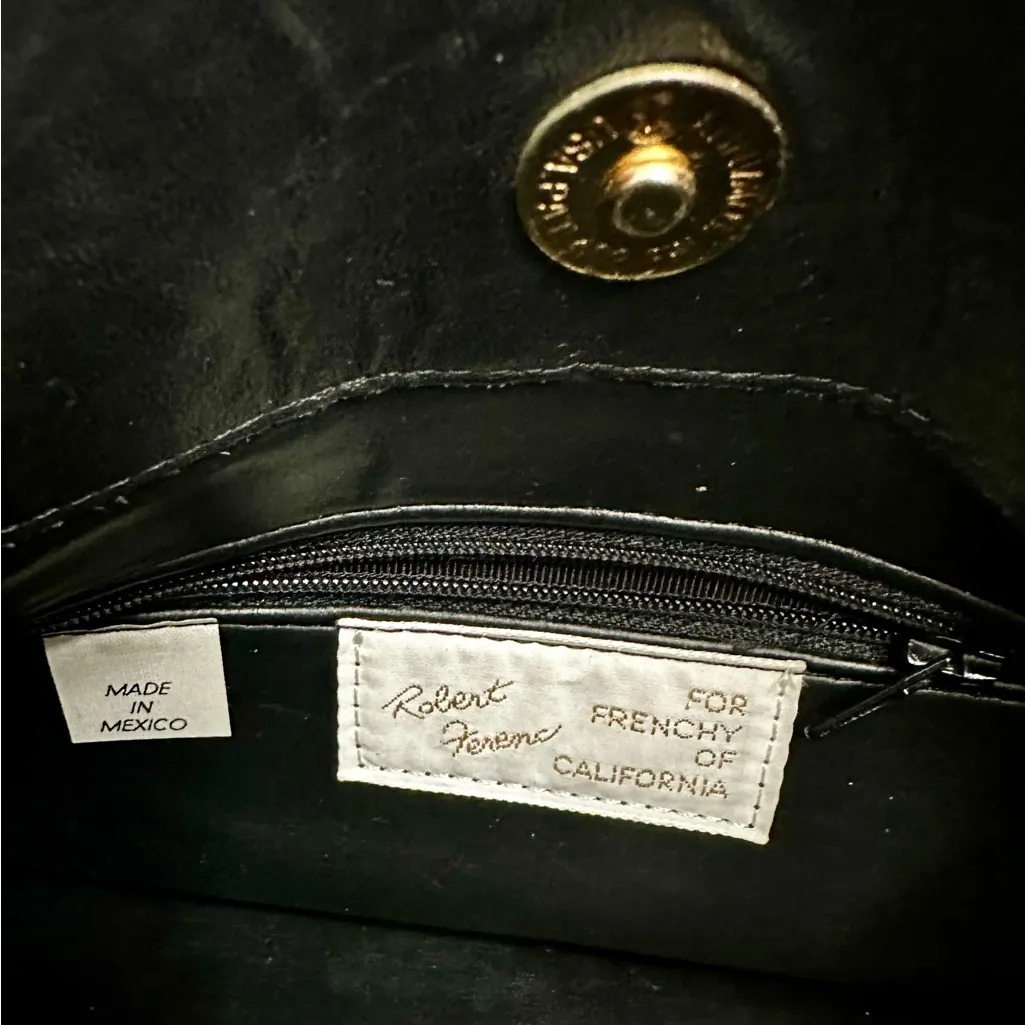 Vintage Black Leather Crossbody Bag Gold Hardware Edgy Disco Clubbing Glamour - Image 9