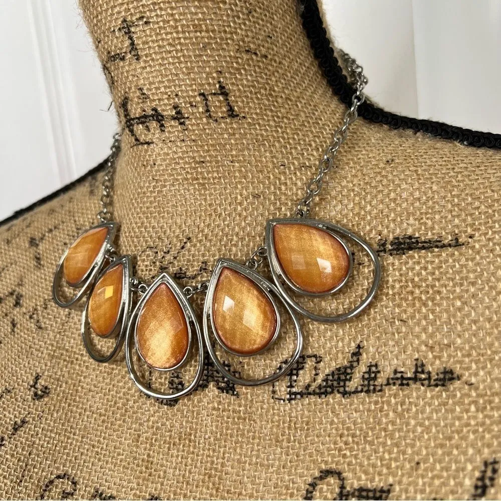 Plunder Light Orange Faux Stone Silver Statement Necklace - Image 2
