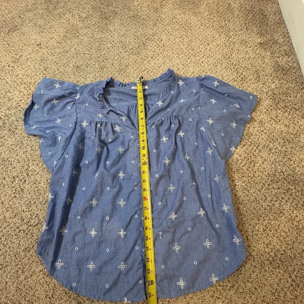 Studio West  Boho Coquette Embroidered Peasant Top L Ruffle Neck Flutter - Image 6