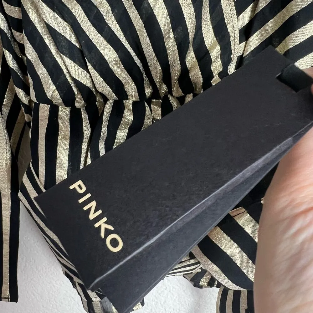 Pinko Clarence 1 Blusa Striped Belted Puff Sleeve Black Gold Lurex Wrap Top XS - Image 11