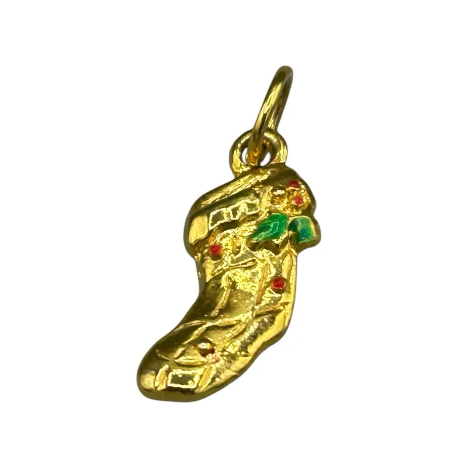 Vintage Gold Tone Stocking Charm Enamel Holiday Pendant Non - Image 6