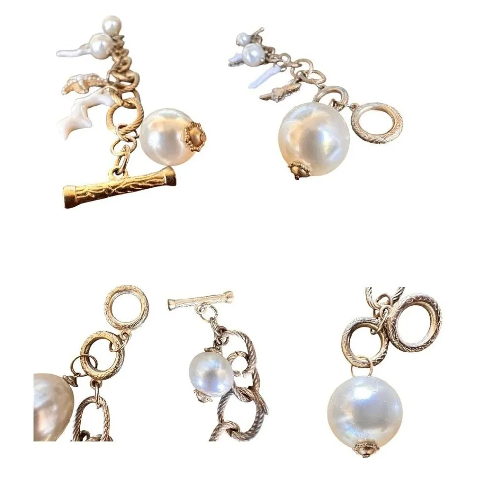 Vintage Sealife Toggle Charm Bracelet Starfish Beach Fish Coral Chain Link Gold - Image 12