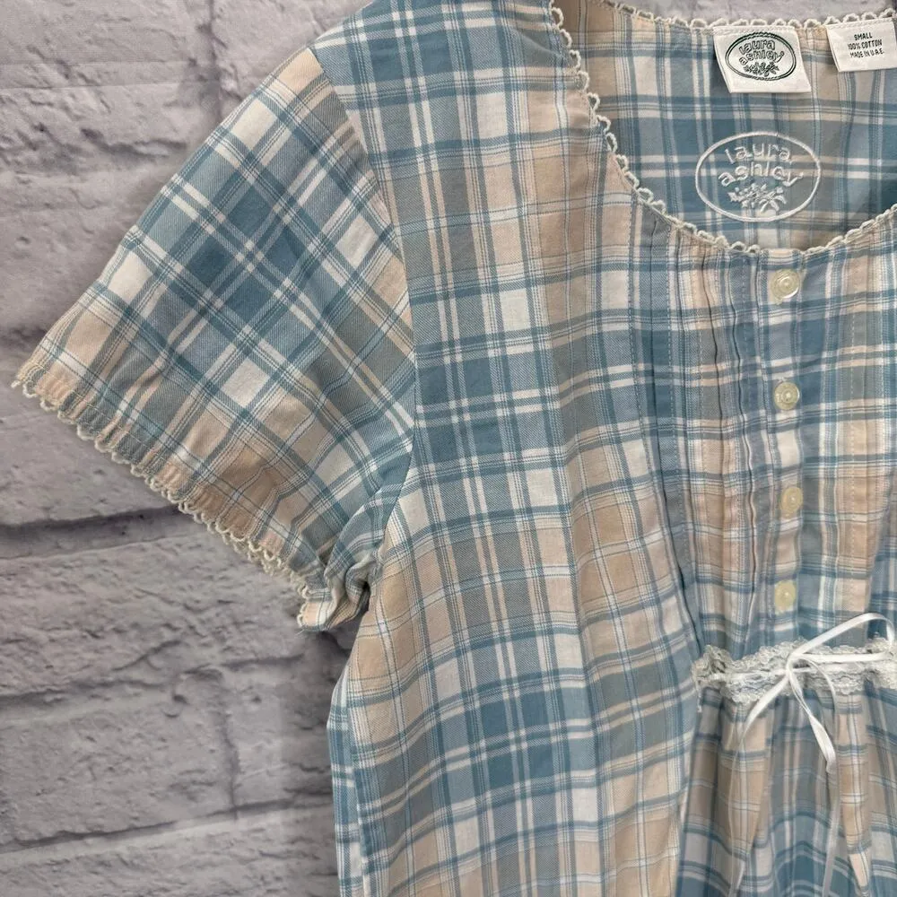 Vintage Laura Ashley Plaid Dress Size S Short Sleeve Blue Beige Ruffle Lace - Image 5