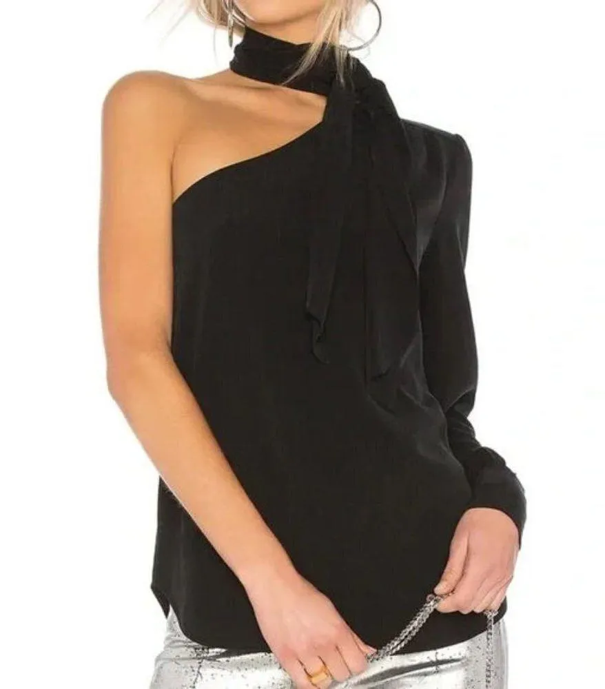 AG Adriano Goldschmied Women's Malia Tie Neck One Sleeve Top Blouse Black XS NWT - Image 3