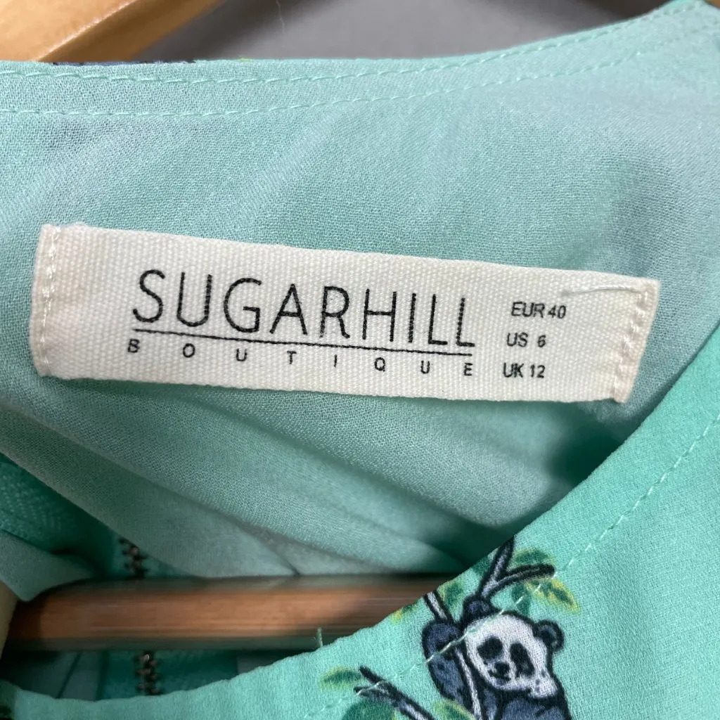 Sugarhill ModCloth Babydoll Dress Panda Pattern Size 6 Ruffle Skirt Teal‎ Green - Image 12