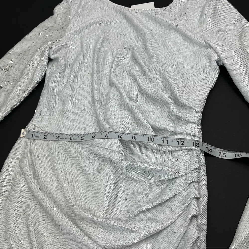 Dress the Population Emilia White Silver Sequin Midi Dress Ruched Size Large NEW - Image 11