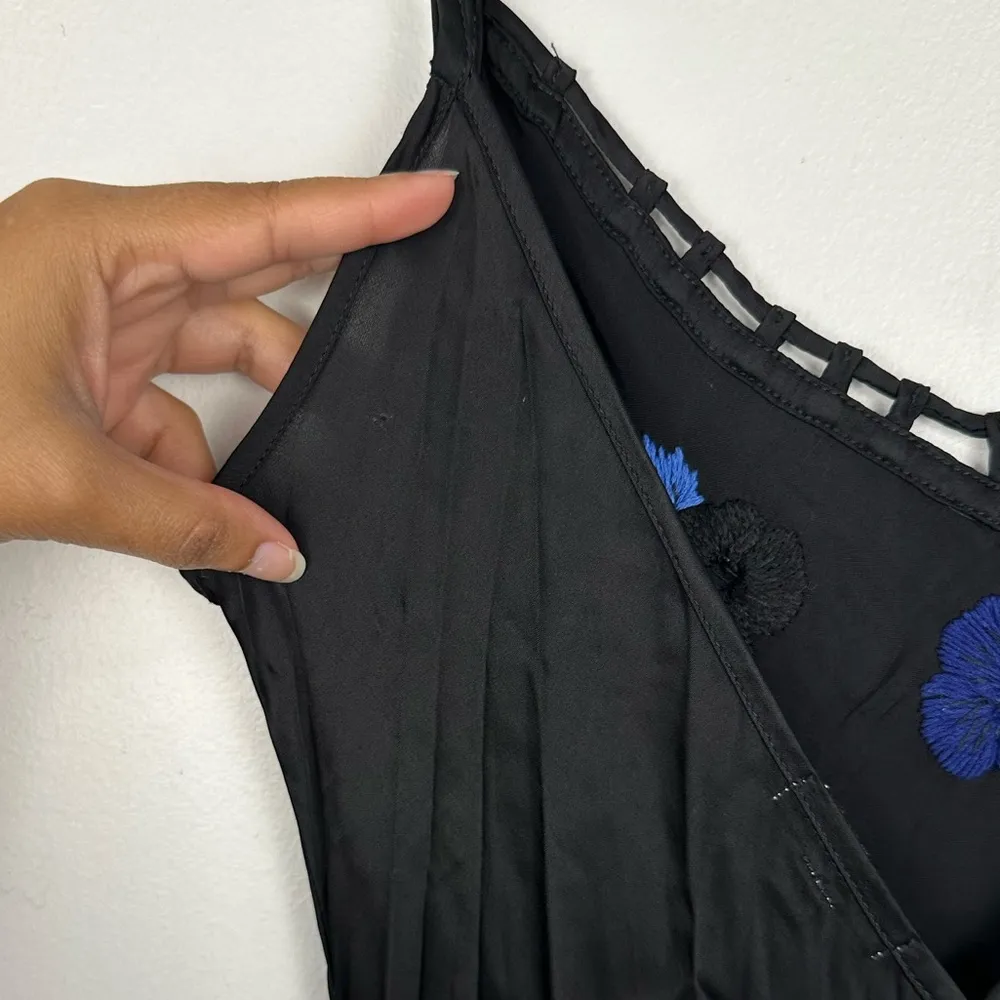 Poupette St Barth Black Satin Embroidered Floral Side Slit Maxi Resort Dress - Image 9