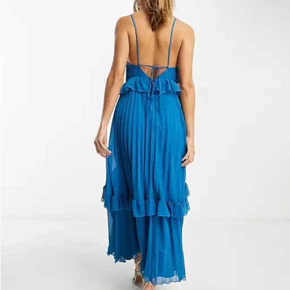 ASOS DESIGN NWT strappy pleated ruffle midi maxi dress with frills in blue - Image 2