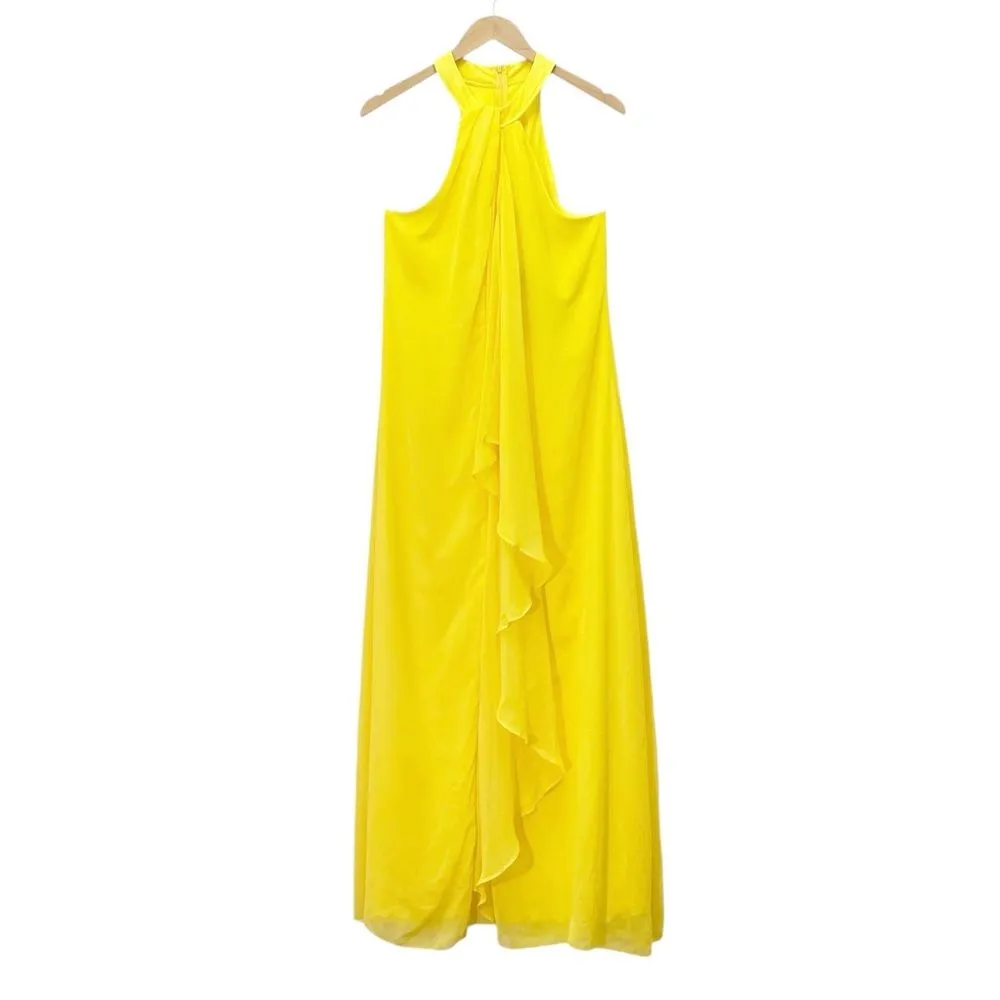 NWT Meghan LA Aphrodite Maxi Dress Size Medium Yellow Halter Ruffle Slit Gown - Image 3