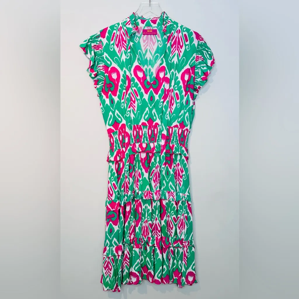 Feather & Find Pink Green Ikat Manifest Peace Midi Tiered Dress Size XL - Image 12