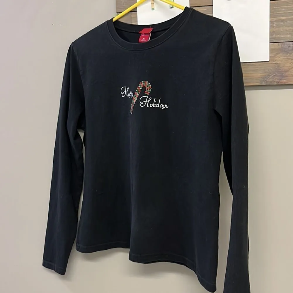 Black Christmas Thin Sweatshirt with Happy Holidays with Metallic Candy Cane- XL - Image 2