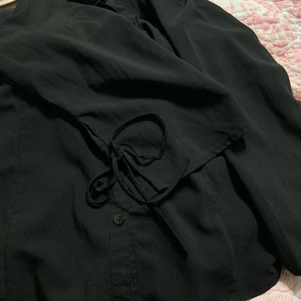 Black y2k Office Siren Ruffle Tie Sleeve Button Up Blouse - Image 4