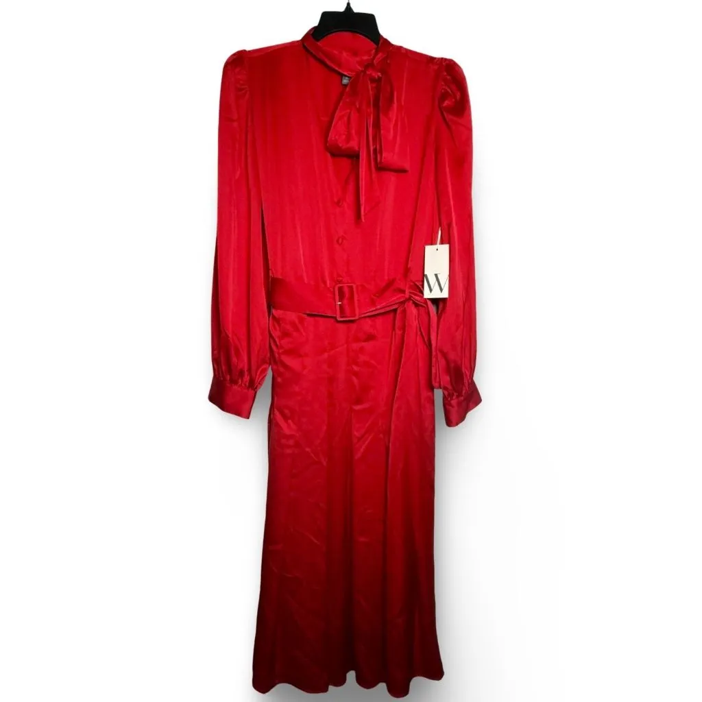Worthington Red Satin Dress Womens XL Long Sleeve Tie V-Neck Midi Belted Pleats - Image 2