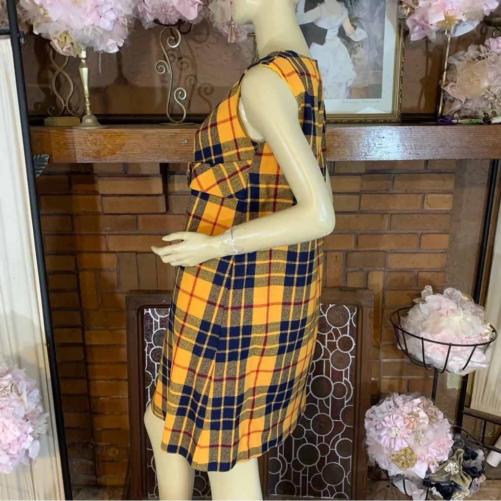 VINTAGE 1960'S M.H. FINE CO YELLOW & BLUE PLAID WOOL BLEND SHIFT DRESS (12) - Image 7