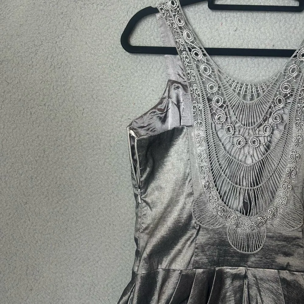 Jessica Mcclintock Womens Dress 12 Gray Pleated‎ Bubble Skirt Metallic Formal - Image 6