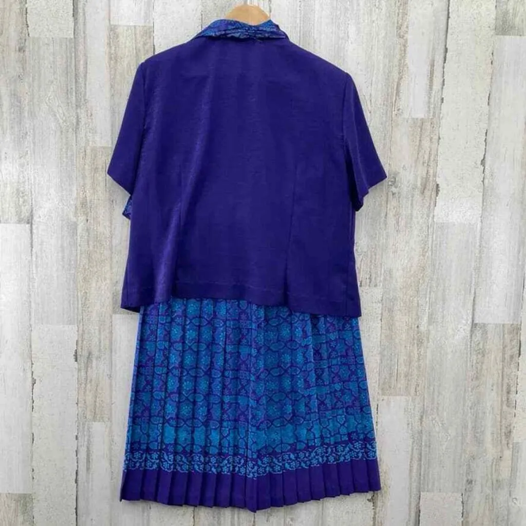 Leslie Fay Skirt Top‎ Set Womens 16 Petite Blue Purple Floral Pleated Scarf - Image 2