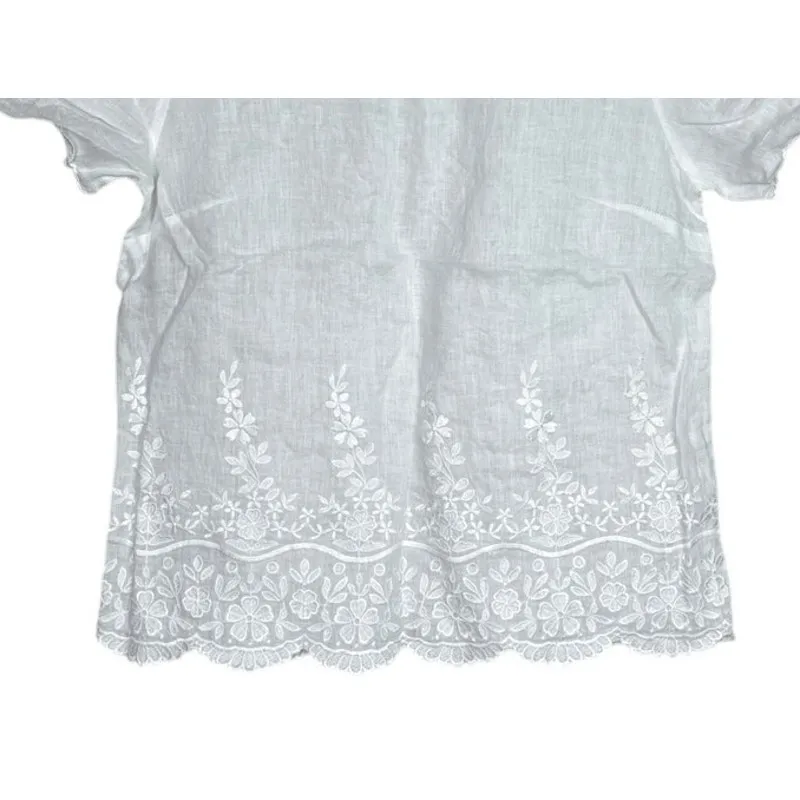 J. Crew Lightweight Linen Embroidery Scalloped Hem and Short Sleeve Top 2 White - Image 3